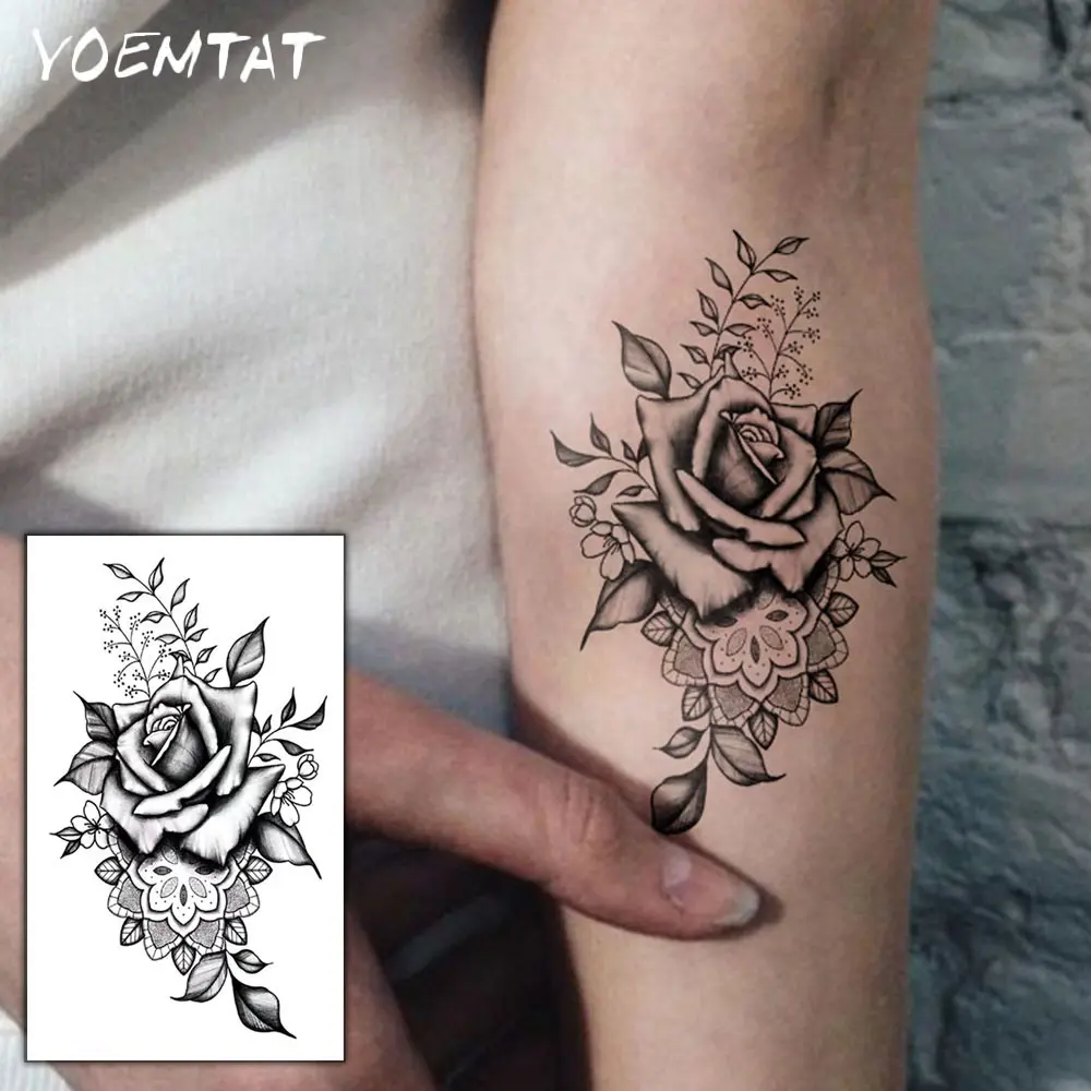 Waterproof Temporary Tattoo Sticker Black Henna Rose Flower Pattern Body Art Arm Fake Tattoos For Women Men Wrist Neck Waterproof Realistic Tattoos