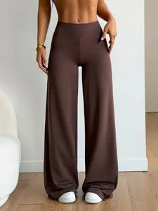 Womens Coffee Brown High Waist Wide Leg Pants Soft Stretch Flowy Long Pants Elastic Waist Slimming Draped Fit Casual Lounge Streetwear Yoga Travel Daily Wear Comfortable Minimal Style