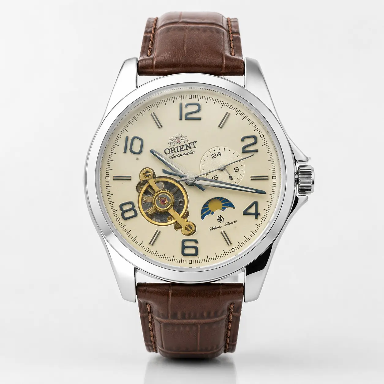 Orient Automatic Men Mechanical Watch, Sun Moon Phase Display Open Heart Skeleton Dial, 24-Hour Subdial, Brown Crocodile Grain Leather Strap, Vintage Casual Business Dress Wristwatch, Waterproof Luminous Analog Watch for Men Gift