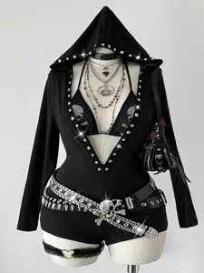 SHANIAH Fashionable Punk Rivet Webbing Hooded Long Sleeve Mini Jumpsuit