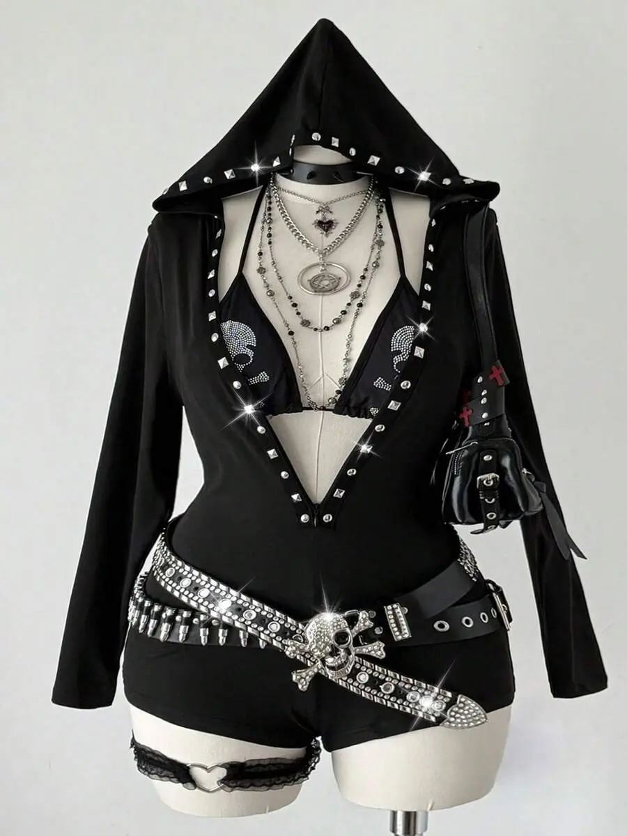 SHANIAH Fashionable Punk Rivet Webbing Hooded Long Sleeve Mini Jumpsuit