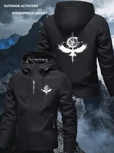 Men's Casual Black Hooded Windbreaker Jacket, Street Fashion Outerwear, Lightweight Motorcycle Riding Jacket with Zip Closure, Angel Wing & Compass Trend Print, Waterproof Fabric, Functional Zip Pockets, Outdoor Jacket for Hiking & Mountaineering