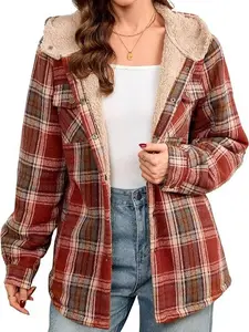 Women's Fleece Flannel Jacket Plaid Sherpa Lined Jacket Long Sleeve Button Down Hooded Jackets for Women