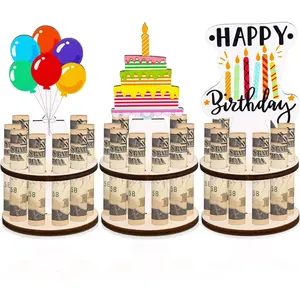 Wooden Birthday Money Holder, Double Layer Design, Writable Wishes, Cake Balloon Candle Shapes, 10 Holes for Cash Gifts, Party Decor