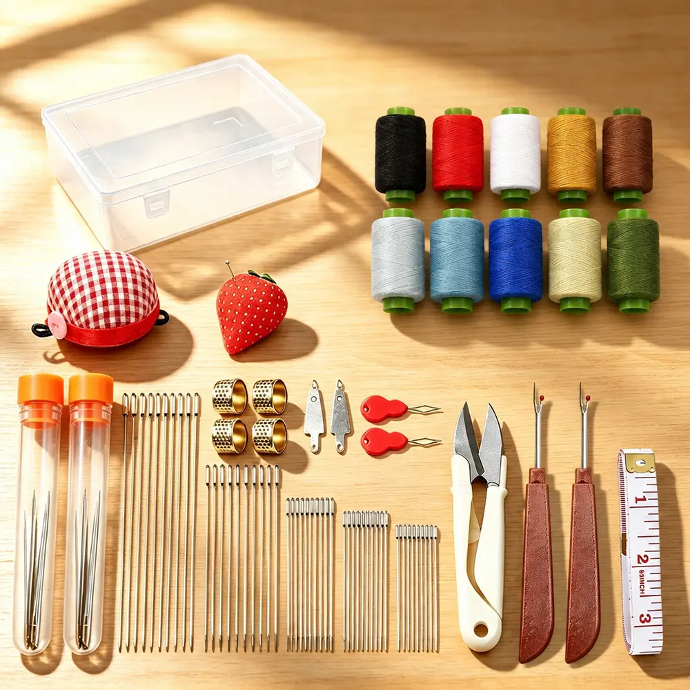 75PCS Sewing Tool Needle Pack - Big Eye Steel Needles, 10 Thread Rolls, Strawberry Pin Cushion, Portable Set for Beginner Denim Hand Repair & Travel Crafts