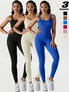 Women's Seamless Yoga Romper, U Neck Sleeveless Backless Gym, Tight-Fitting Plain Knit Jumpsuit for Fall & Winter, Workout Jumpsuit