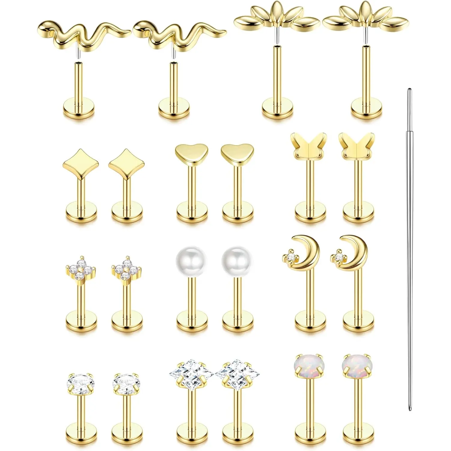11 Pairs 20G-16G Threadless Flat Back Earrings - 316L Surgical Stainless Steel Push-in Cubic Zirconia Studs, Hypoallergenic Allergy-Free Helix Stud Piercing Jewelry (3-10mm,6mm,7mm) for Body Piercings