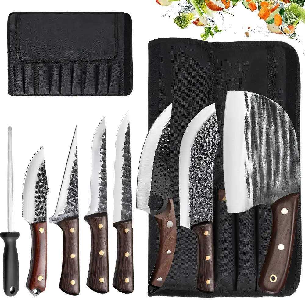Professional High Carbon Stainless Steel Rustproof Scratch-Resistant Kitchen Knives Set with Wood Handles - Japanese Damascus Pattern, Chef Tool, Butcher Boning Tool, Meat Cleaver, Sharpening-Ready, Roll Bag for Chopping Convenience