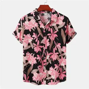 Black Pink Floral Hawaiian Shirt Menswear, Stylish Button Smooth Aloha Top Shortsleeve, Holiday Tropical Casual Classic Polyester Streetwear
