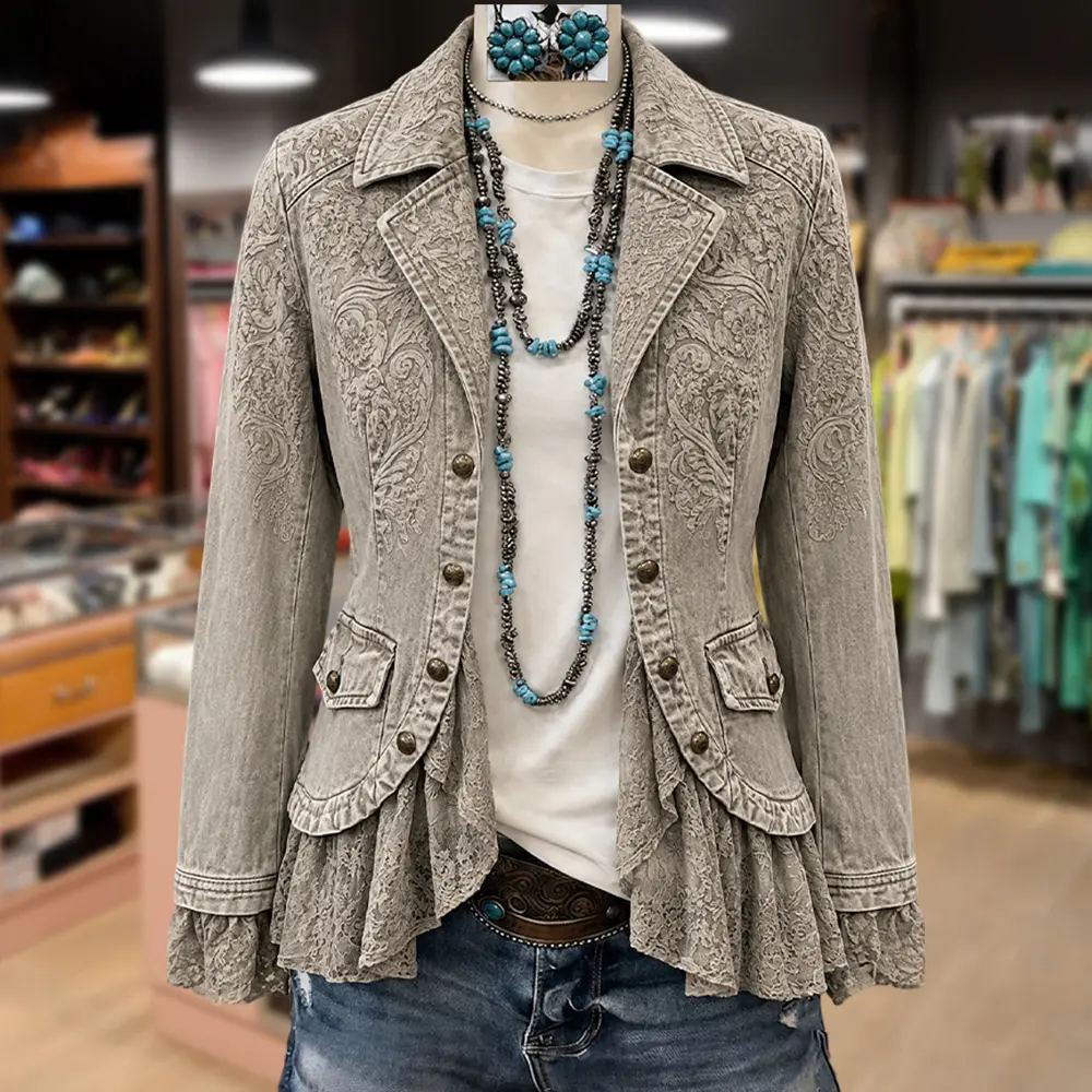 Cherrybetty 100%Cotton Retro Floral Print Lace Patch Jacket Womenswear Casual Coats Chic Everyday Style Vintage Long Sleeve