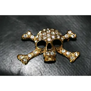 Skull Crossbones Gold Metal Blinged Rhinestones Brooch Crystal Skull Pin