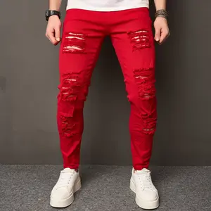 Men Fashion Holes Patch Stretch Skinny Jeans HipHop Distressed Ripped Street Style Slim Fit Male Pencil Denim Pants