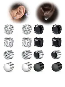 Magnetic Fake Stud Earrings Set, Punk Rhinestone Deco Earring, Unisex Fashion Jewelry for Party, Daily Clothing Decor, Trendy All-match & Exquisite Black Jewelry for Gift
