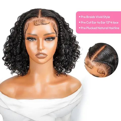 [Clearance Sale] West Kiss Pre Braided Glueless Short Bob Wig Water Wave 13x4 Lace Front Bob Wig Human Hair Pre Cut Pre Bleached Stylist Wig For Women