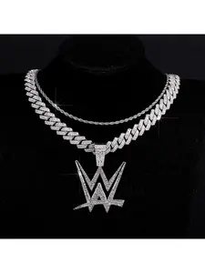 Letter W Oil-Dripping Pendant Necklace Set, Hip-Hop Stylish Full Diamond Cuban Link Necklace