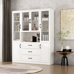 FUFU&GAGA 63"W Tall Bookcase Storage Cabinet with Glass Doors, 3 Drawers and 2 Cabinets, 3 Shelf Display Storage Shelves