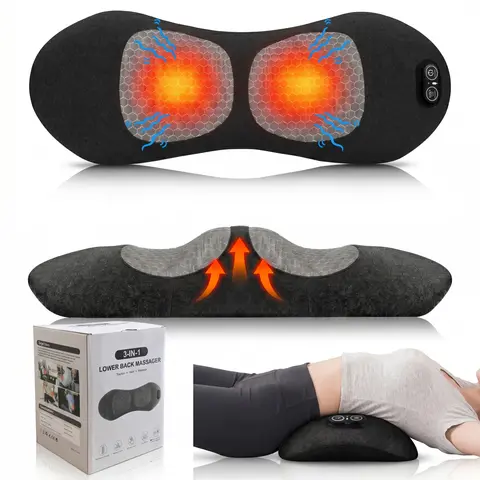 Cordless Battery Powered 3-in-1 Heated Lumbar Massage Pillow for Adults - Relaxing Ergonomic Support Cushion with Heat, Vibration, Traction, USB Fast Charging, Lower Back Pain Relief, Burnout Recovery for Desk, Home/Car/Office, Bedtime Stretching, Golden