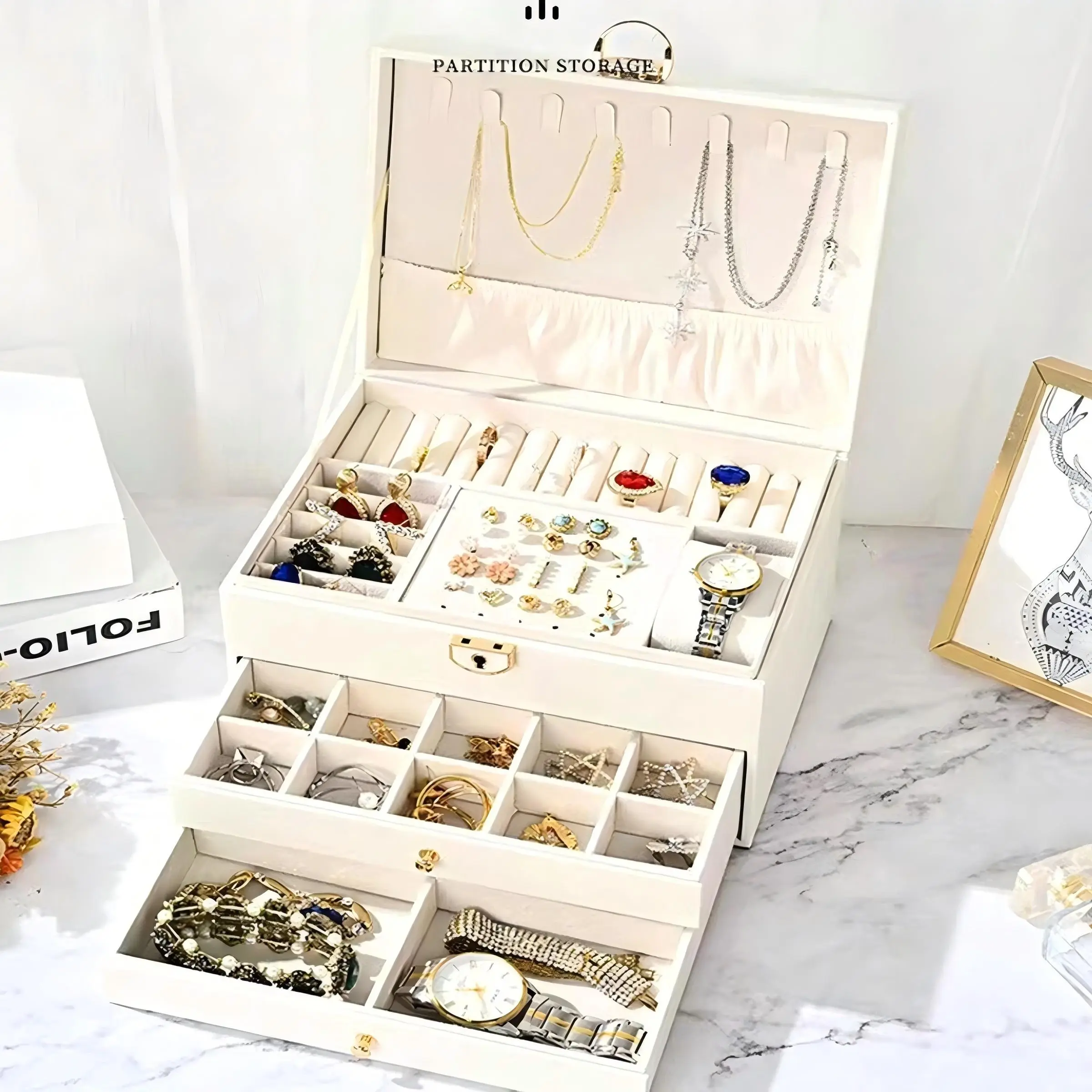 Leather Multi-Functional 3-Layer Lockable Jewelry Organizer Box with Key Lock - Dresser Storage for Watches, Rings, Earrings, Necklaces, Gift Option