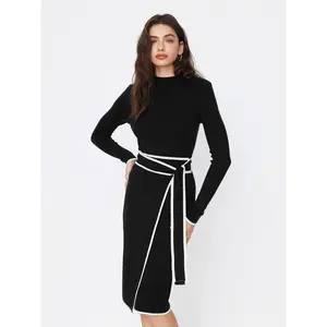 Cider Turtleneck Belted Bowknot Knitted Maxi Dress