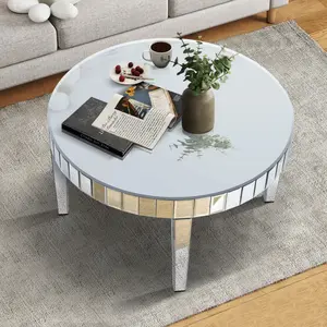[SOIYELIFE] Dazzling Sliver Round Coffee Table with Starburst Mirror Mosaic Design, Glass Top for Living Room, Luxury Sofa Center Table, Modern Decor (31.5'' W * 31.5'' D * 18''H) Unique furniture