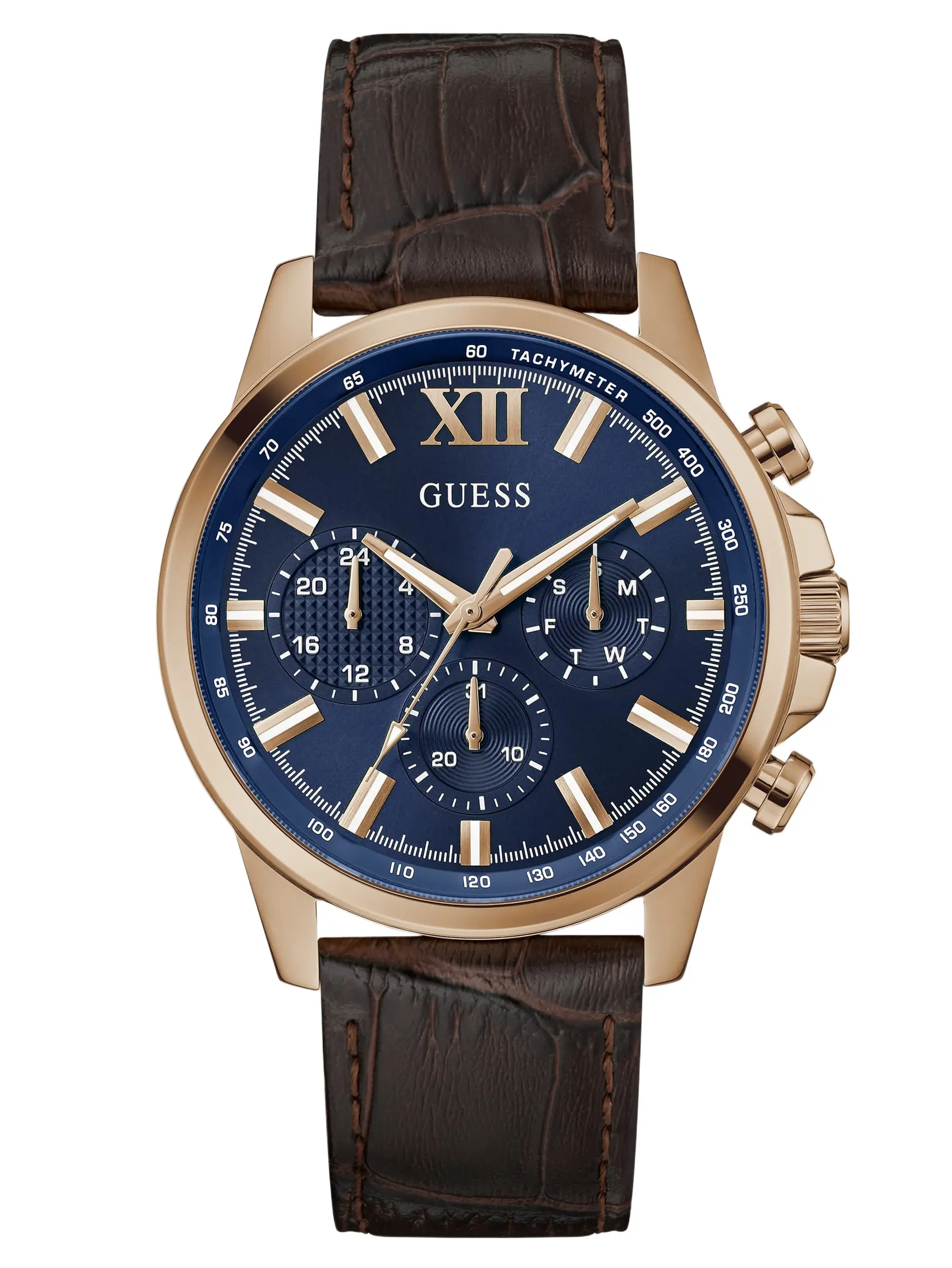 GUESS Male Rose Gold-Tone and Brown Leather Multifunction Watch