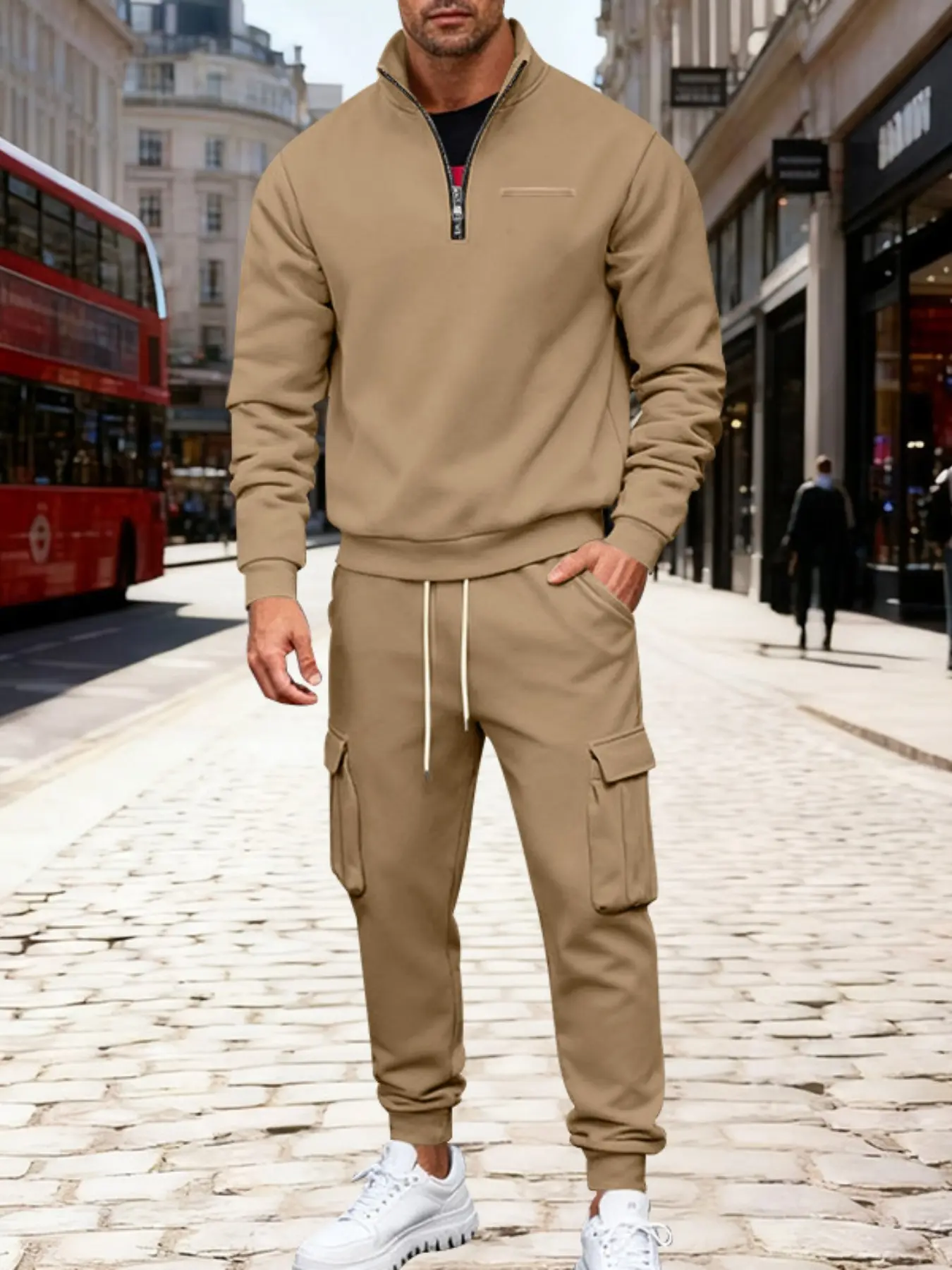 Men's Winter Fleece Lined Zipper Hoodie Set, Casual Solid Color Pullover Sweatshirt & Cargo Pants, Warm Fashion