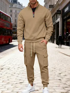 Men's Winter Fleece Lined Zipper Hoodie Set, Casual Solid Color Pullover Sweatshirt & Cargo Pants, Warm Fashion