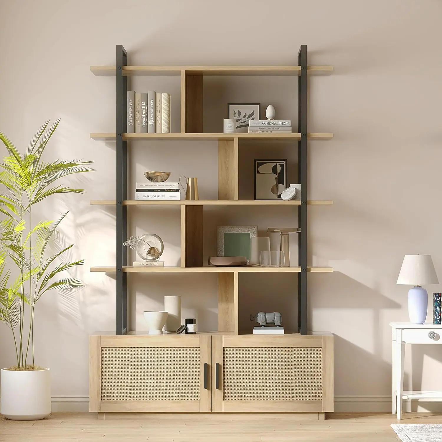 5 Tier Rattan Bookshelf, Tall Bookcase with Doors Storage Cabinet and 8 Open Display Shelves, Large Wooden Farmhouse Book Shelf Living Room, Bedroom, Home, Office, Burlywood