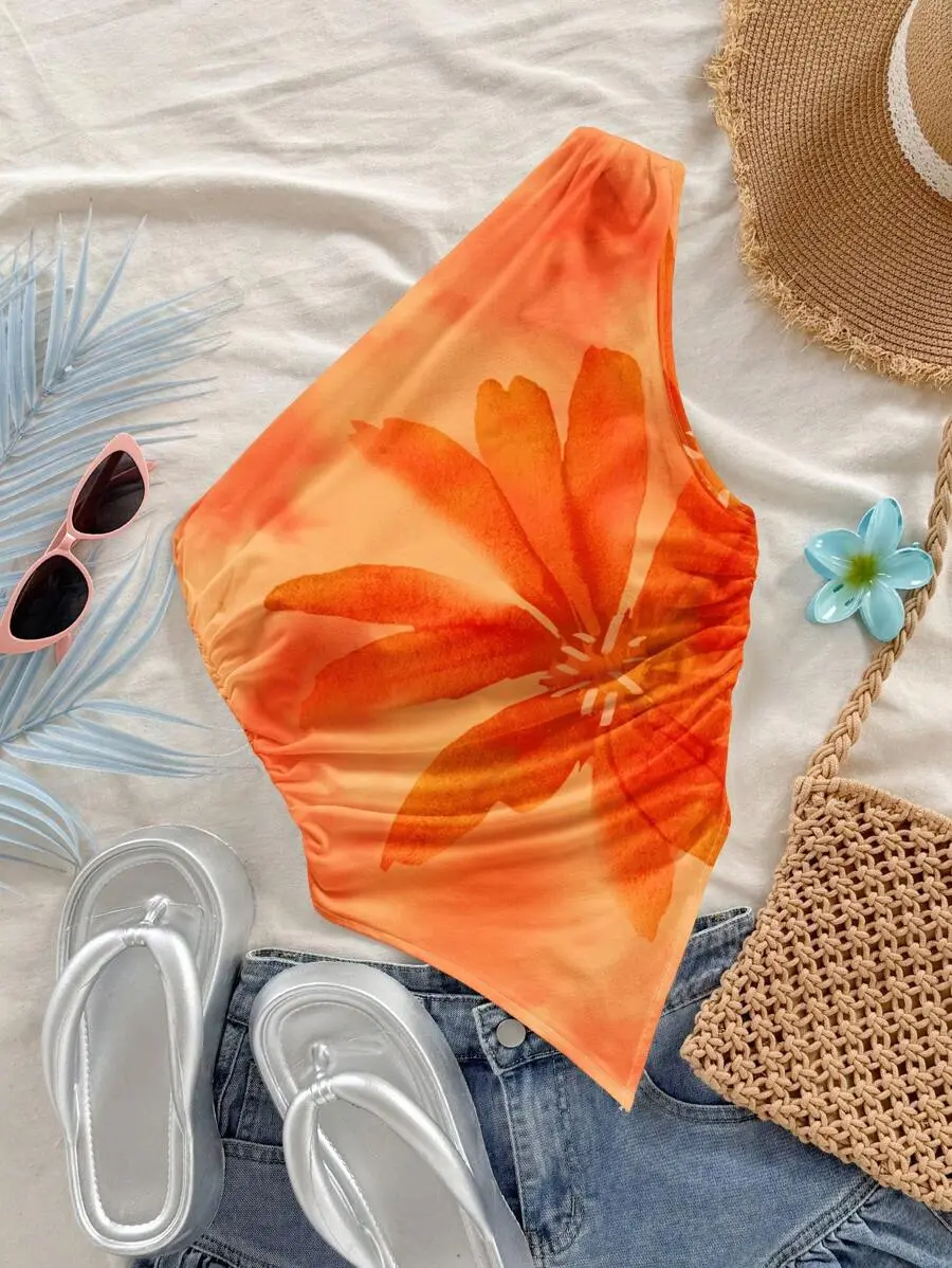 SHEIN WYWH Women Casual Vacation Sleeveless Ruched Asymmetrical Hem Slim Fit Camisole, Suitable For Summer, Orange Large Floral Print