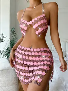 Sparkling Sequins Set, Wild Classic Sexy Metallic Fabric Metal Chain Backless Rhinestones, Party Wear, Women's Fashion Accessories