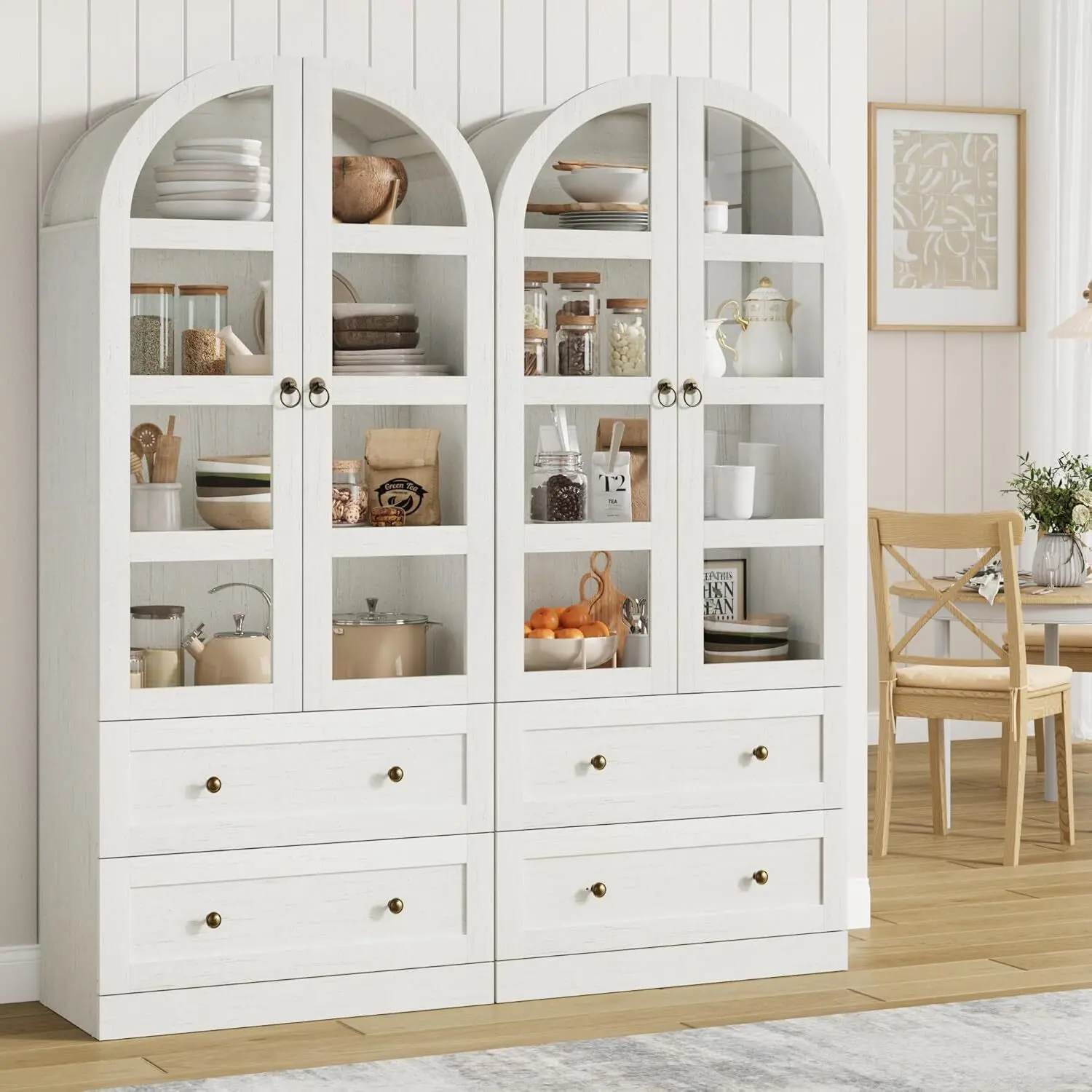 72-in Tall Rustic White Farmhouse Freestanding Engineered Wood Kitchen Pantry Cabinet - Home Storage Furniture with Arch Design, Doors, Drawers, Shelves for Space Organizing in Kitchen, Dining Room, Arch Shape Design
