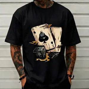 Skull Ace of Spades Playing Cards Dice Flames Graphic T-Shirt Edgy Traditional Tattoo Art Biker Motorcycle Rider Grunge Rockabilly Poker Gambling Lucky Mens Top Print