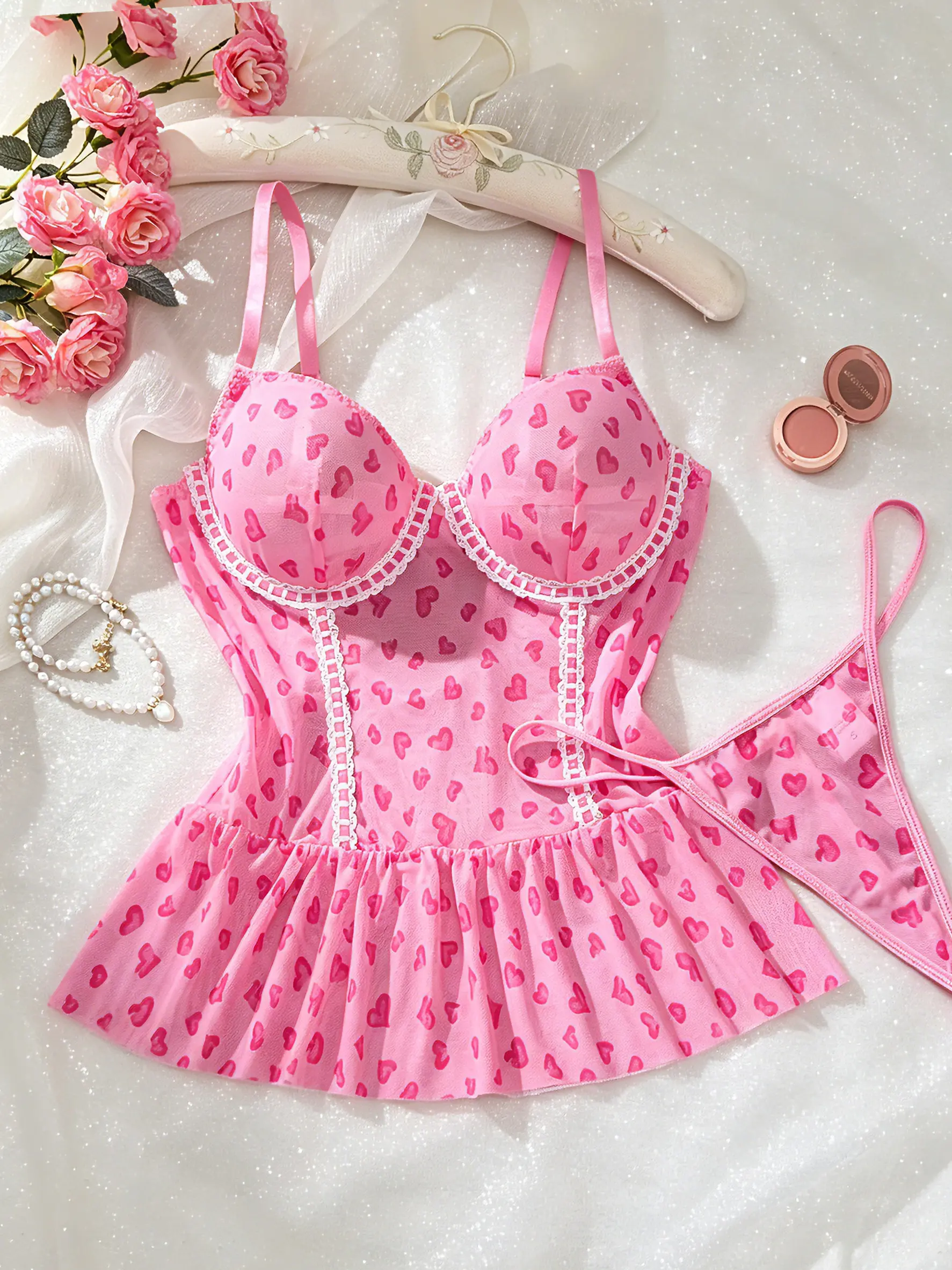 Pink Heart Print Corset Top with Lace Trim and Adjustable Straps for a Feminine Look