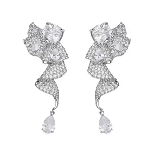 Sparkly Silver Bow Earrings for Women, Crystal Ribbon Dangle Earrings with Teardrop Charm, Chic Statement Jewelry for Party Date Night Banquet Gift