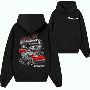 Snap-on “Saturday Night Throwback” Hoodie – Black Vintage Muscle Car Pullover Featuring Classic Hot Rod and Retro Car Meet Graphic