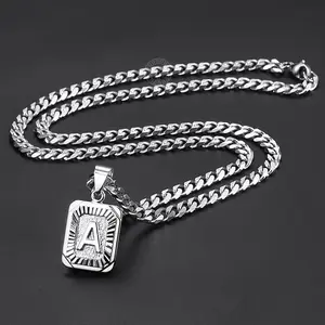 Silvery Square Initial Letter ABC Pendant Necklace For Men Women Stainless Steel Curb Cuban Chain Name Pendant Fashion Jewelry
