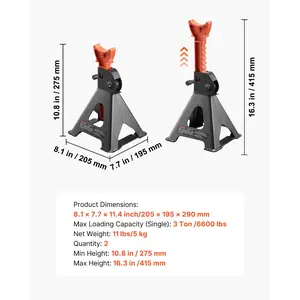VEVOR Jack Stands, 3 Ton (6, 600 lbs) Capacity, 10.8-16.3 in Adjustable Height, Heavy Duty Steel Jack Auto Stands with Locking, for Lifting SUV, Pickup, Car and UTV/ATV, 1 Pair, Black and Orange
