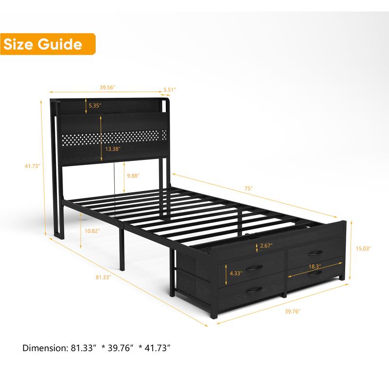 Twin Bed Frames with Headboard, Twin Size Bed Frames with Storage Drawers & Charging Headboard , 4 Drawers,Smart LED Bed Frame, Single Bed Frame, No Box Spring Needed,Noise-Free,Dorm essentials,bedroom accessories Twin Bed Frames with Headboard, Twin Size Bed Frames with Storage Drawers & Charging Headboard , 4 Drawers,Smart LED Bed Frame, Single Bed Frame, No Box Spring Needed,Noise-Free,Dorm essentials,bedroom accessories