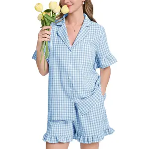 Women's 2-Piece Cotton Gingham Pajama Set - Lady's Cute Casual Ruffle Short-Sleeve Shirt & Shorts Sleepwear Loungewear