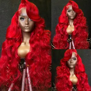 28 Inch Bright Red Lace Front Wig For Women 13x4 HD Transparent Lace Frontal Body Wave Glueless Wig Pre-Puckered Hairstyle & Natural Wavy Hairpiece Stylish Hair Accessory