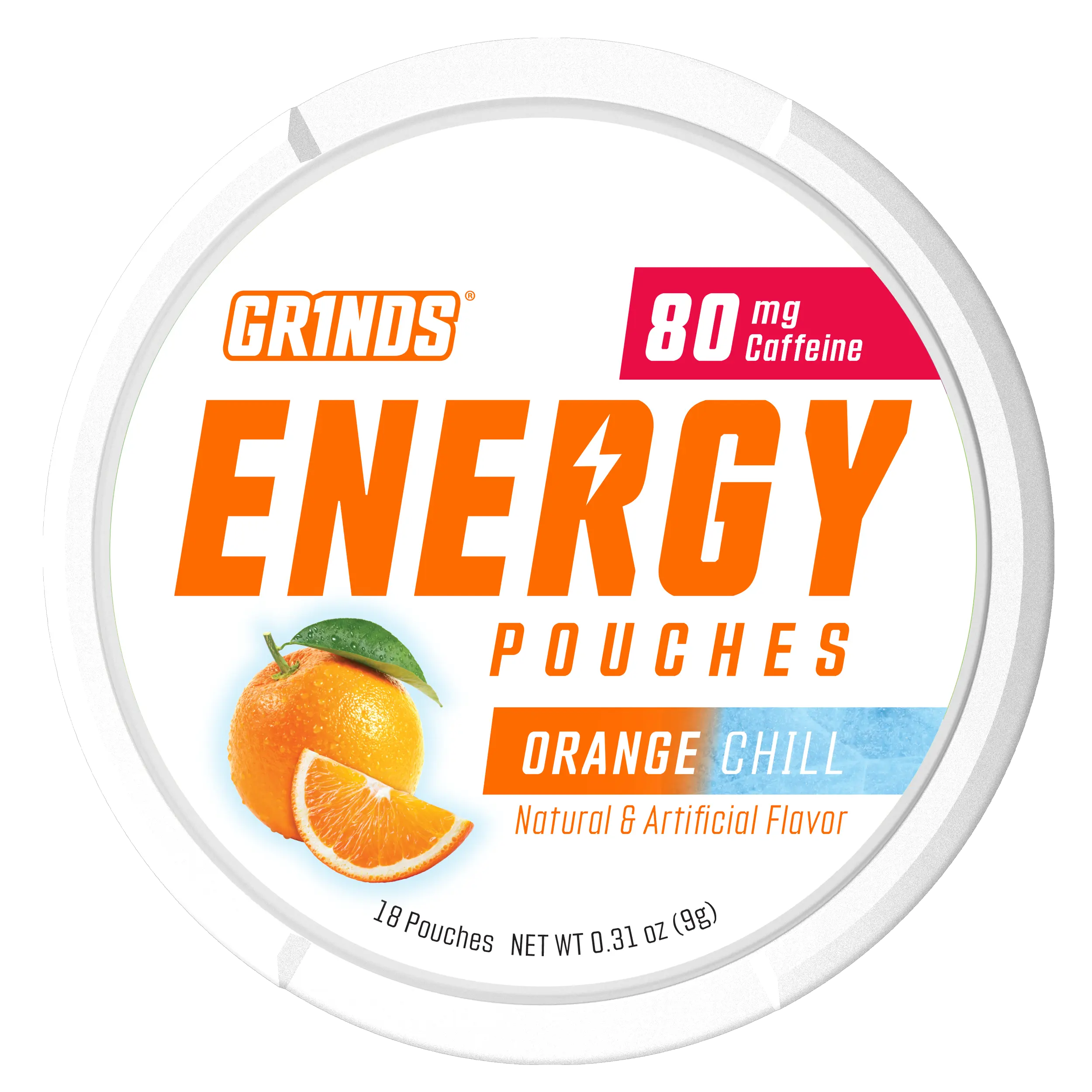 Grinds Orange Chill Energy Pouches | 80mg Clean Caffeine | Sugar-Free No Crash | Citrus Energy Boost | Caffeine Pouches