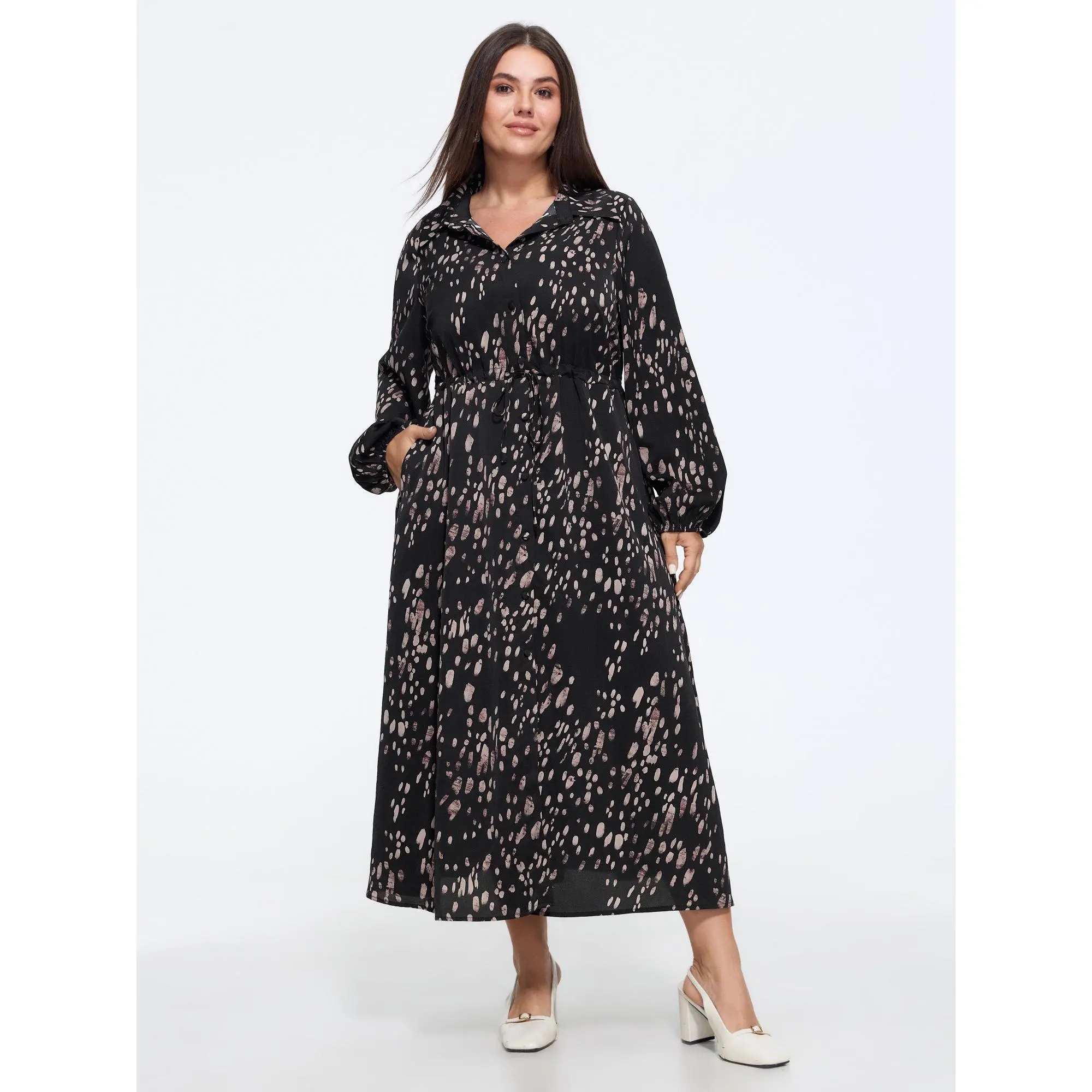 BLOOMCHIC Women's Plus Size Casual Polyester Fabric Long Sleeve Smooth Abstract Print Drawstring Waist Maxi Dress [M-6X] - Back to School Fall Garment with Flattering Fit