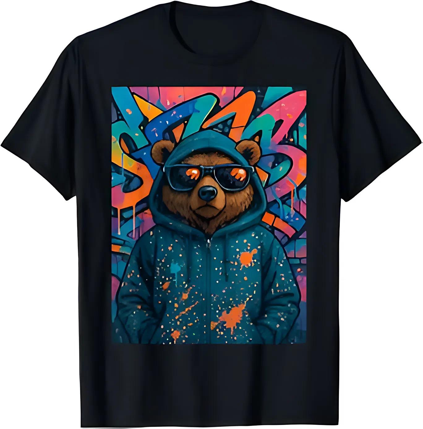 Cool Bear with Sunglasses T-Shirt | Graffiti Street Art Hip Hop Tee | Urban Style Hoodie Bear | 100% Cotton Classic Width Rib Collar
