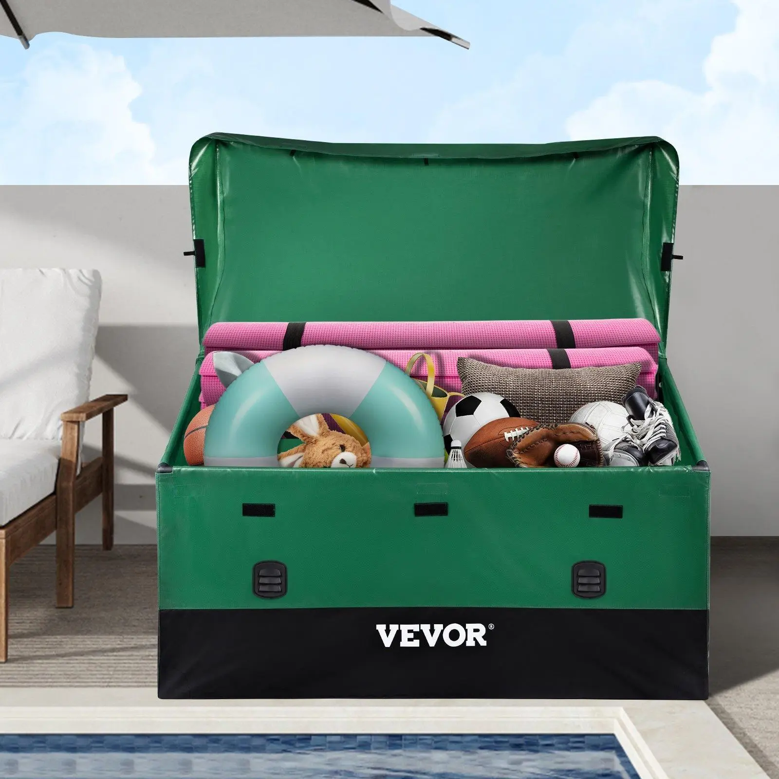 【Fallpicks】VEVOR Outdoor Storage Box (100/150/230 Gal) - Waterproof PE Tarpaulin Deck Box with Galvanized Frame, All-Weather Protection, Portable Storage Containers Organizer for Garden, Poolside, Black & Green