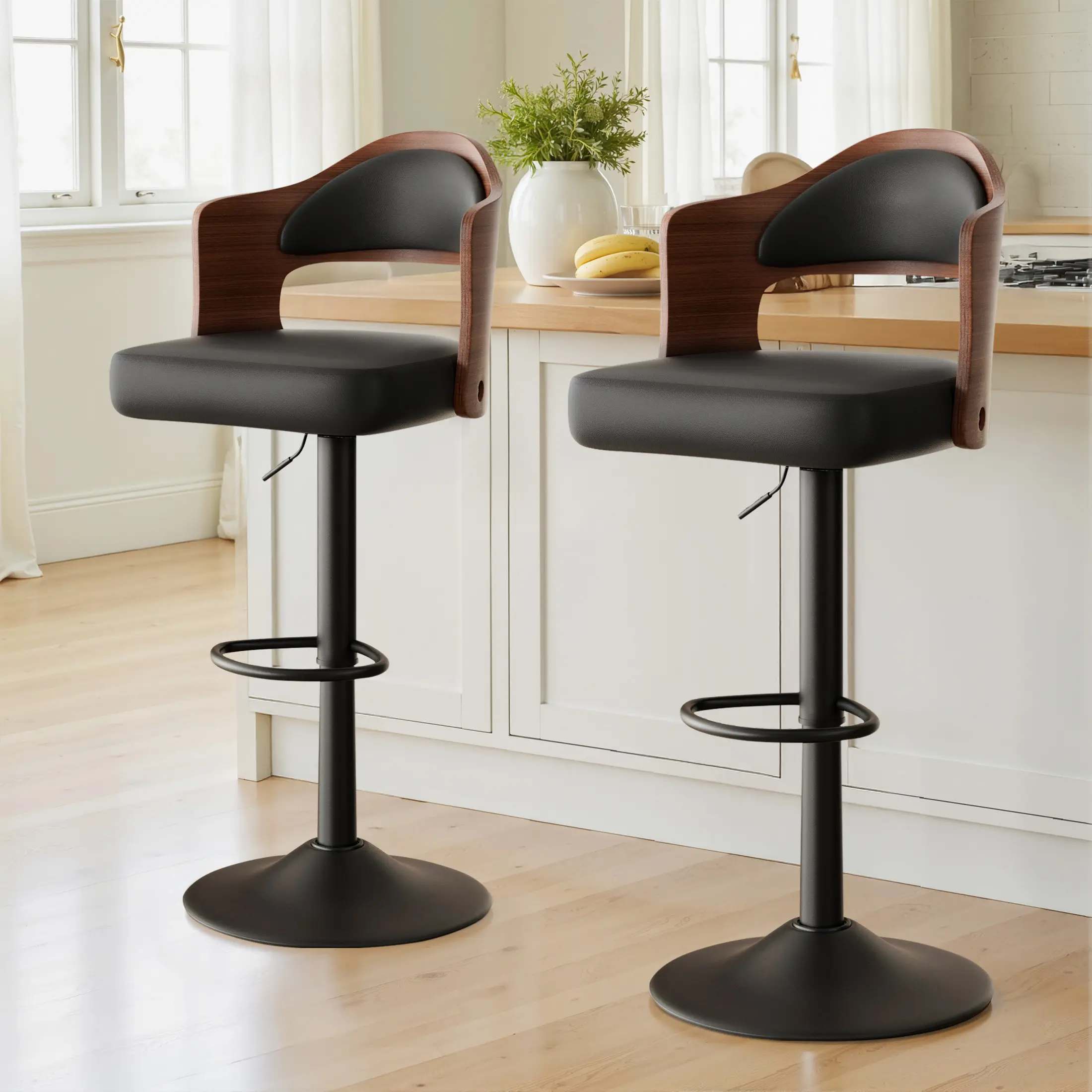 Modern 360° swivel bar stools set of 2, soft PU leather bar chairs with backrest and footrest, suitable for indoor adjustable height chairs,dorm essentials,home decor