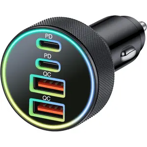 USB C Car Charger, 4-Port 90W Dual USB-C & USB-A Car Charger Adapter PD/QC Multi Port Fast Charging Cigarette Lighter for iPhone 16 15 14 13 12 11 Pro Max, iPad, Samsung S24 S23 S22, Pixel, Android