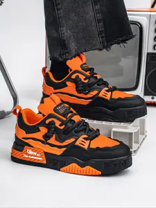 Men's Laced Thick Sole Low Top Colorblock Sport Skate Shoes, Comfortable Inner Liner, All-Season Casual Outdoor Sports Thick Soled Sneakers, Trendy Walking Sneakers, Lifestyle Colorblock Sneakers