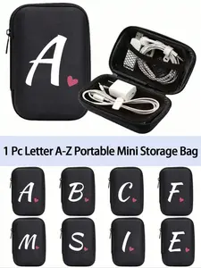 White Letter Red Heart-Shaped Letter A-Z Portable Mini Storage Bag, Waterproof And Anti-Fall Digital Bag, Initials Mobile Phone Charger Data Cable Storage Bag, Zipper Storage Box Wallet Data Cable Digital Bag ,For Tourism, Schools, Universities, Offices.