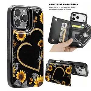 Heart-shaped sunflower wallet card holder phone case, high-end leather protective cover compatible with iPhone 17/16/15/14/13 Pro, 12 Pro Max, and Samsung Galaxy S22/S23/S24 Plus/S25 Ultra