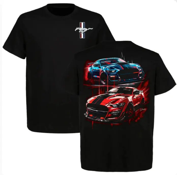 Women's Stylish 100% Cotton Crew Neck Short-Sleeve Tops, Dual-Sided Print - Ford Mustang Pony Emblem Front, Red-Blue Shelby GT Drip Flames Art, Summer Cool Muscle Car Racing Fan Casual Daily Outfit